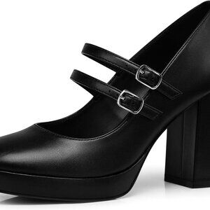 Women Mary Jane Shoes Faux Leather Chunky Heels 3.5-Inch Platform Pumps